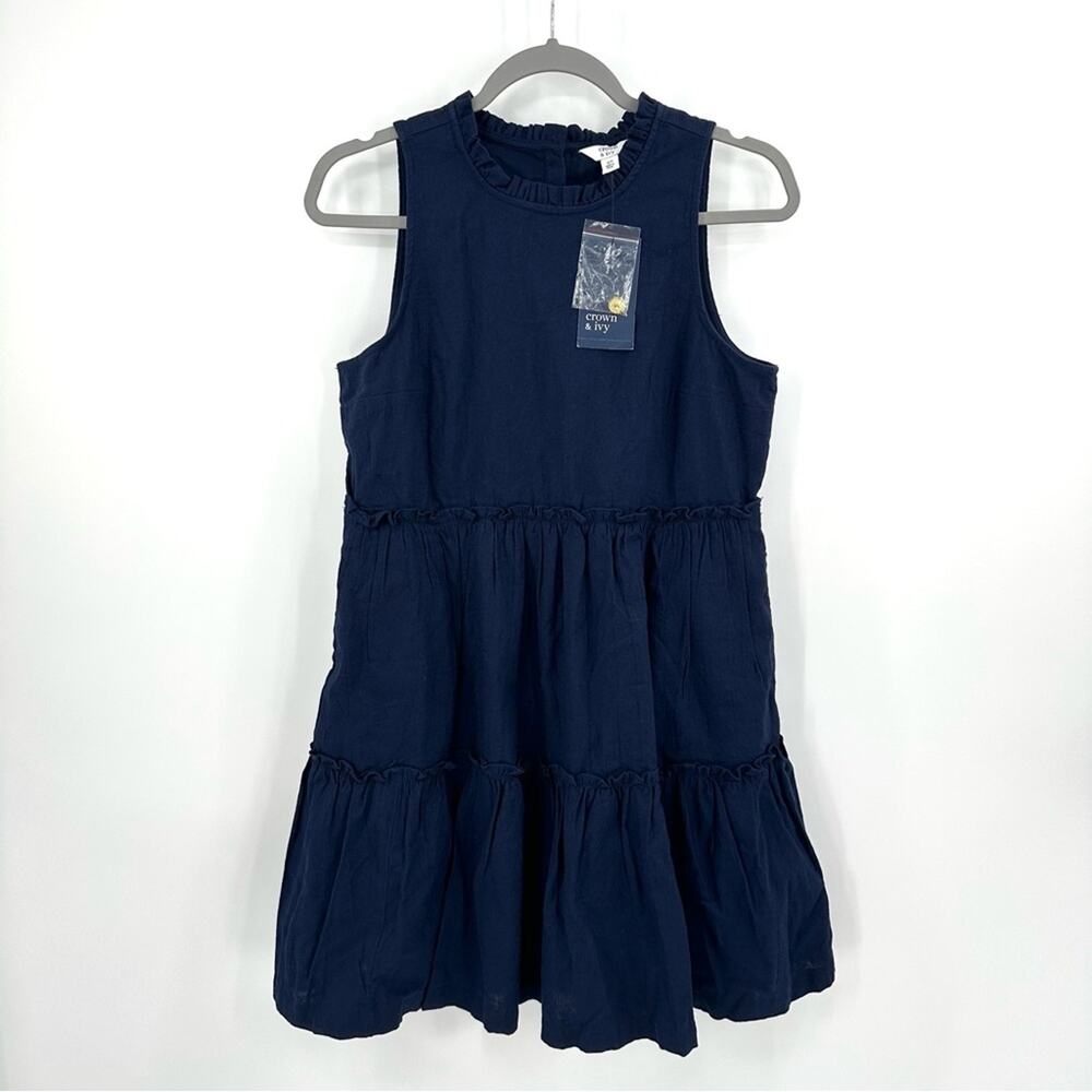 Crown & Ivy Linen Sleeveless Ruffle Neck Dress in navy Size XS